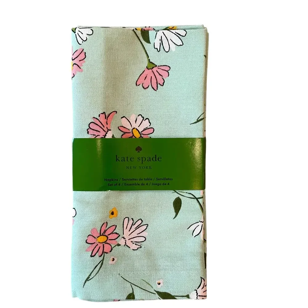 NEW Kate Spade Spring Floral Cotton Cloth Napkins Mint Green & Pink Set of 4